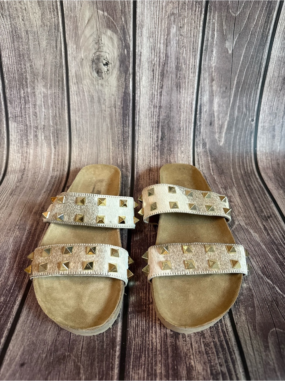 Studded Metallic Gold CowhideWomen's Slide Sandals